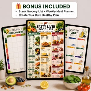 Può includere: Tre tablet digitali mostrano un elenco di alimenti per il fegato grasso, un pianificatore settimanale dei pasti e una lista della spesa. Il grafico centrale classifica gli alimenti in colonne con illustrazioni. Include un testo bonus.