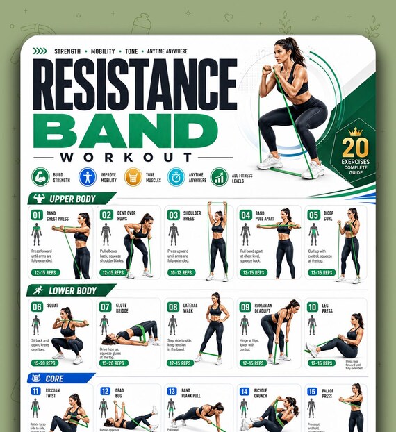 Resistance Band Workout Chart | 20 Exercise Guide PDF | Full Body Home Workout Printable | Strength Training Poster | Digital Download