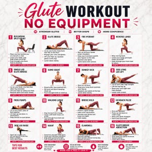 Pode incluir: Um cartaz informativo branco intitulado Glute Workout No Equipment apresentando dezasseis ilustrações de exercícios numeradas com instruções. Cada secção mostra uma pessoa a realizar movimentos como agachamentos, estocadas e pontes.