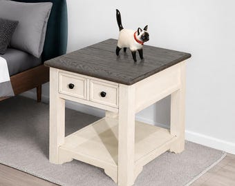Solid Wood End Table with Storage Drawers • Rustic Farmhouse Accent Table