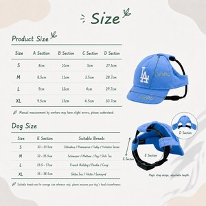 May include: A light blue baseball cap for pets featuring the white LA logo on the front. The image includes a size chart with measurements in cm for sections A, B, C, and D, and a dog size chart with E section measurements for various breeds.