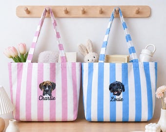 Custom Dog Portrait Tote Personalized Embroidered Pet Bag Striped Canvas Shopper Dog Mom Present