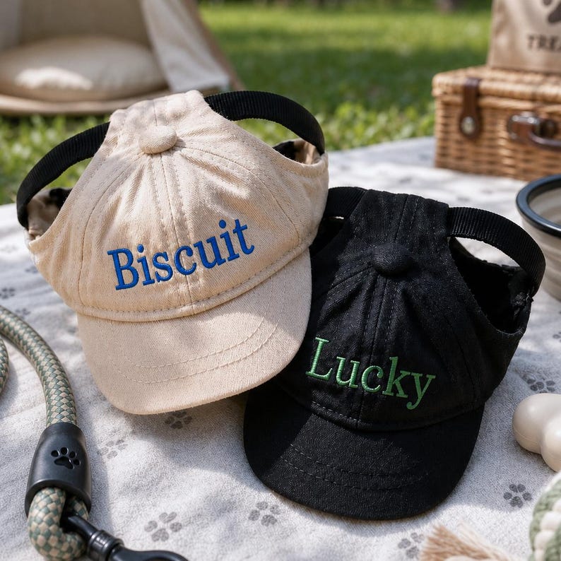 May include: Two pet baseball caps with ear holes. One cap is beige with the word Biscuit embroidered in blue thread. The other cap is black with the word Lucky embroidered in green thread. Both caps feature a button on top and a curved brim.