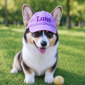 May include: A light purple baseball cap with the name Luna embroidered in dark purple thread on the front. The cap is worn by a tricolor Pembroke Welsh Corgi with black, white, and tan fur, pointed ears, and an open mouth showing its tongue.