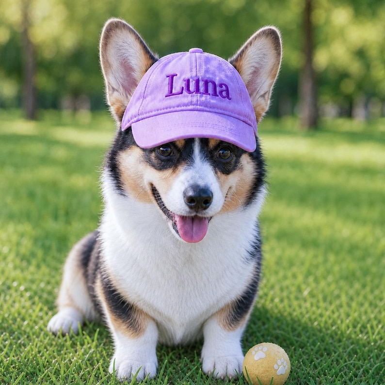 May include: A light purple baseball cap with the name Luna embroidered in dark purple thread on the front. The cap is worn by a tricolor Pembroke Welsh Corgi with black, white, and tan fur, pointed ears, and an open mouth showing its tongue.