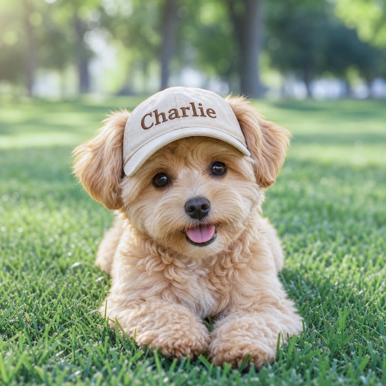 May include: A small, light beige baseball cap with the name Charlie embroidered in brown letters on the front, worn by a fluffy, light brown puppy with floppy ears and a pink tongue visible while sitting on a green lawn.