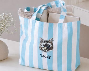 Personalized Embroidered Tote Bag, Custom Dog Portrait Pet Bag, Striped Canvas Shopping Bag, Gift for Pet Lovers
