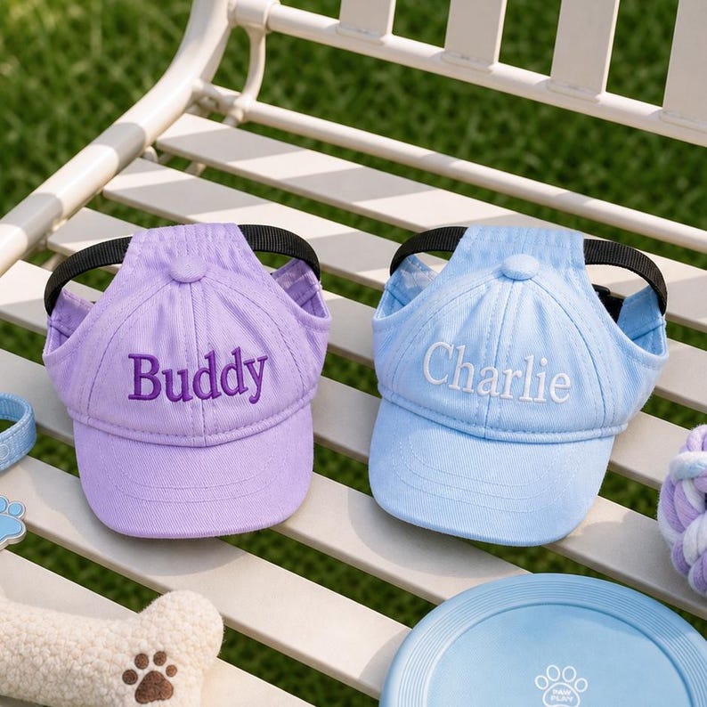 May include: Two pet baseball caps with ear holes and black adjustable straps. One cap is light purple with the name Buddy embroidered in dark purple thread. The other cap is light blue with the name Charlie embroidered in white thread.