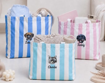 Personalized Pet Portrait Tote Bag Custom Embroidered Dog Striped Canvas Shopper Puppy Lover MomGift