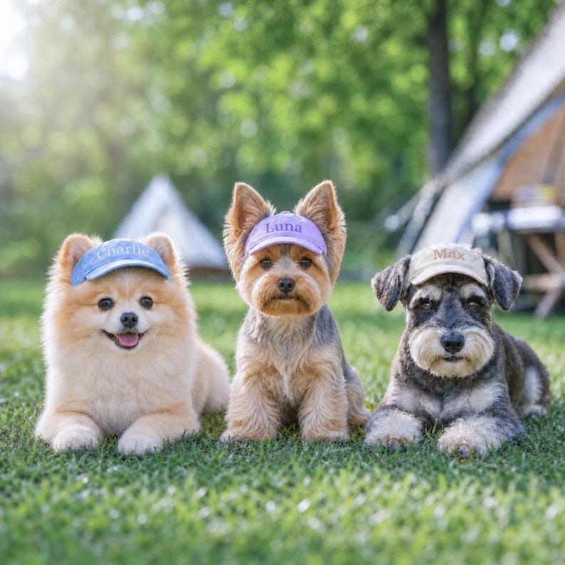 May include: Three small dogs wearing personalized baseball caps. The left dog wears a light blue cap with the name Charlie, the center dog wears a light purple cap with the name Luna, and the right dog wears a beige cap with the name Max.
