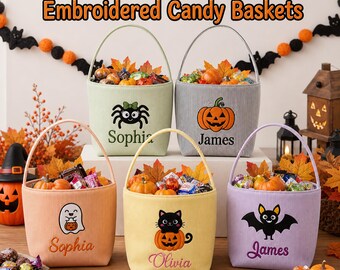 Personalized Seersucker Halloween Candy Bucket, Custom Embroidered Name Bag, Happy Halloween Gift