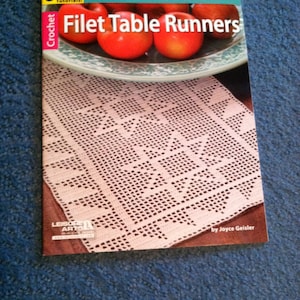 May include: A crochet book cover with the title "Filet Table Runners" and a photo of a white crocheted table runner with a bowl of red apples on top. The book cover also includes the text "Learn this classic technique for simple lacework!" and "Bonus Online Tutorials!"