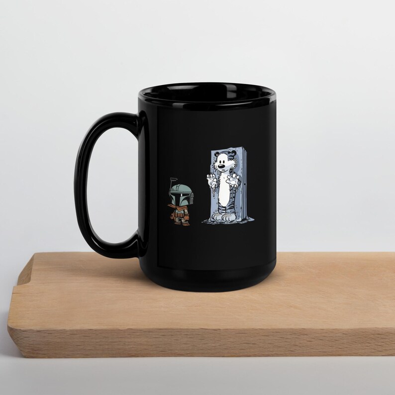 Boba Fett & Carbonite Calvin Mug, Funny Star Wars Calvin and Hobbes Parody Coffee Mug, Bounty Hunter Frozen Tiger Mashup
