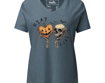 Stay Creepy Skull Pumpkin V-Neck Tee, Goth Halloween Top