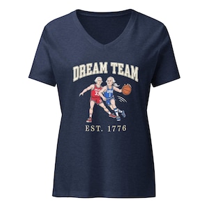 USA vs England 1776 Womens V-Neck Shirt, Funny Founders Basketball Pun Tee, July 4th America 250 Patriotic History Gift
