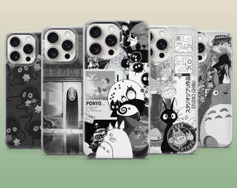Funda negra de Ghibli con estética anime oscura para iPhone 17Pro, 16, 15, 14, 13, 12, Samsung S26, S25, S24, S23Fe, A16, A56, Pixel 10 9A