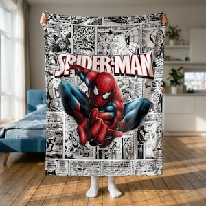 スパイダーマンブランケット、コミックブック柄フリーススロー、マーベルスーパーヒーローブランケット、スパイダーマンファンへのギフト、スーパーヒーロー寝室装飾、子供用快適ブランケット