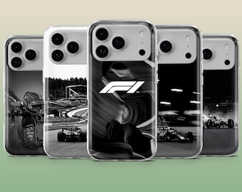 Funda negra F1 para teléfono, diseño deportivo de carreras oscuras, compatible con iPhone 17 Pro, 16, 15, 14, 13, 12, Samsung S26, S25, S24, S23 Fe, A16, A56, Pixel 10 y 9 Pro.