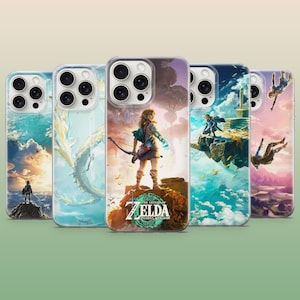 May include: A collection of phone cases featuring artwork from "The Legend of Zelda: Tears of the Kingdom." The cases display various scenes with characters and landscapes in vibrant colors. The cases are designed to fit a smartphone.