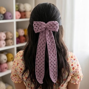 Op de afbeelding: Een lavendelkleurige gehaakte strik met lange, bungelende uiteinden is bevestigd in donker haar. De strik is gemaakt van een delicate, open weefsel. De achtergrond toont planken gevuld met garen in verschillende kleuren.