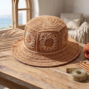 Könnte beinhalten: Ein gehäkelter Sonnenhut in Beige- und Brauntönen mit breiter Krempe liegt auf einem Holztisch. Der Hut hat ein detailliertes Blumenmuster auf der Krone. Stricknadeln, Garn und ein Maßband liegen ebenfalls auf dem Tisch.