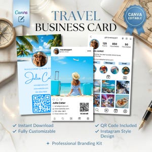 May include: A travel business card template set featuring a light blue color scheme, Instagram-style profile layouts, and QR codes. The designs include tropical beach imagery, a person wearing a sun hat, luggage, and contact information fields.