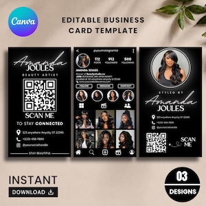 May include: A set of three black business card templates featuring white text and graphics. The designs include a QR code, social media profile layout, contact information, and a circular photo placeholder for a beauty artist named Amanda Joules.