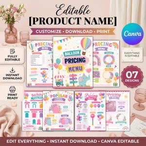 May include: A collection of seven editable balloon pricing menu templates featuring colorful illustrations of hot air balloons, elephants, and party decorations. The designs include text labels such as Pricing Menu, Popular Combos, and Backdrops, with placeholders for customization in Canva.