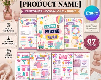 May include: A collection of seven editable balloon pricing menu templates featuring colorful illustrations of hot air balloons, elephants, and party decorations. The designs include text labels such as Pricing Menu, Popular Combos, and Backdrops, with placeholders for customization in Canva.