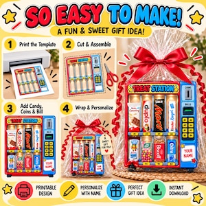 Puede incluir: Un kit de manualidades para crear una máquina expendedora de dulces con plantilla imprimible, instrucciones de montaje y un ejemplo terminado. La máquina incluye espacios para barritas de chocolate, monedas y billetes con lazo rojo.