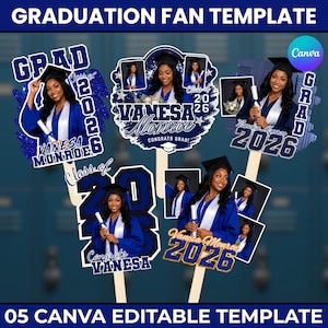 May include: A set of five graduation fan templates featuring a person in a blue cap and gown holding a diploma. The designs include the text Vanesa Monroe, Class of 2026, and Congrats Grad, with blue and white color schemes and wooden stick handles.