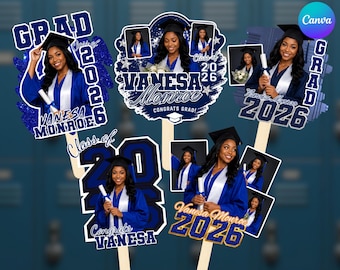 Blaue Graduierung 2026 Fan Vorlage, Graduierung Paddle Fan Klasse von 2026 Designs, graduiert Senior Fan Fotos einfügen Download, Canva bearbeitbar