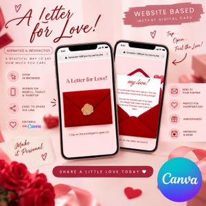 以下が含まれることがあります： A Letter for Loveというタイトルのインタラクティブなデジタルカードを表示する2台のスマートフォン。画面には金のワックスシールが付いた赤い封筒と、my loveというテキスト、ロマンチックなメッセージが表示されています。インターフェースはウェブブラウザ用です。