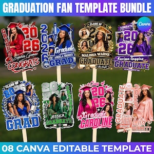 May include: A set of eight graduation fan templates featuring various color schemes, including red, blue, gold, purple, green, and pink. Each template displays photos of graduates, the year 2026, and text such as Graduate, Congrats, and Grad.