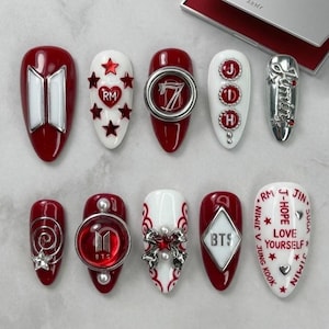 Unghie finte BTS OT7, rosse e bianche, per concerti ARMY, nail art 3D argento cromato Kpop Fandom, nomi dei membri personalizzati