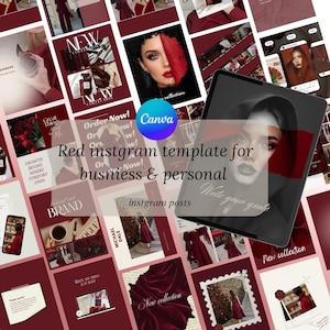 May include: A digital collection of Instagram templates featuring a deep red and cream color palette. The layout includes various graphic designs, text overlays, and photographic placeholders for business and personal social media content.