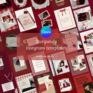 May include: A collection of burgundy-themed Instagram templates featuring various layouts, including photo frames, text boxes, and decorative elements like ribbons, lace, and paper clips. The designs incorporate text such as BRIGHT & JOYFUL CHRISTMAS.