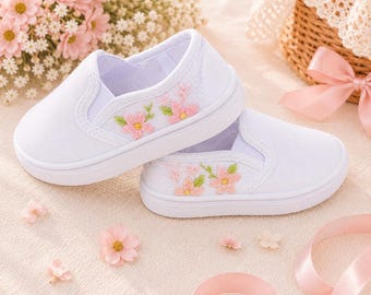 Toddler White Floral Slip On Shoes, Baby Girl Embroidered Sneakers, Cute Toddler Canvas Shoes, Spring Baby Shoes, Flower Girl Sneakers