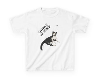 Relaxed Cat Illustration Kids Tee | Playful Black and White Cat Design