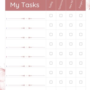 Könnte beinhalten: Eine weiße To-Do-Liste mit einem rosa Header mit der Aufschrift „Meine Aufgaben“. Die Liste hat Kontrollkästchen für „Heute“, „Morgen“, „Neue Liste“ und „Vergiss es“. Dekorative Schmetterlinge befinden sich in den Ecken.