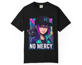 No Mercy Anime Girl with Cat T-shirt | Neon cyberpunk design