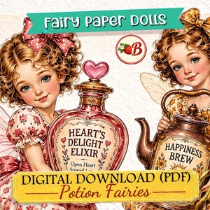 May include: Two fairy paper dolls with curly brown hair and wings, one holding a pink heart-shaped bottle labeled Heart's Delight Elixir, the other a copper teapot labeled Happiness Brew. Includes a ruler showing 11 inches and gold scissors.