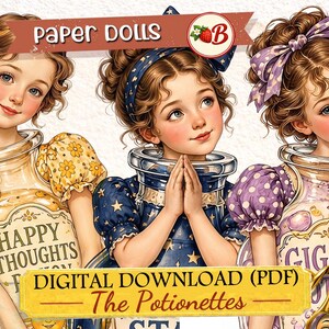 May include: Three paper dolls with brown hair, each emerging from a glass jar. The left doll wears a yellow floral top and bow, the center doll a blue star-patterned top, and the right doll a purple polka-dot top. A ruler shows 11 inches in length.