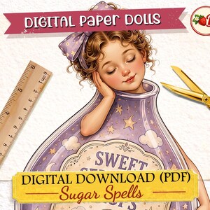 May include: A digital paper doll illustration featuring a person with curly brown hair and a purple bow, emerging from a purple bottle decorated with stars and clouds. The text reads DIGITAL PAPER DOLLS, SWEET, and DIGITAL DOWNLOAD (PDF) Sugar Spells.