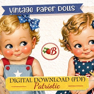 May include: Two illustrated paper dolls with blonde curly hair and blue eyes. One wears blue overalls with a white star, the other a star-and-stripe dress. A wooden ruler shows 33 cm. Text includes Vintage Paper Dolls and Digital Download (PDF).