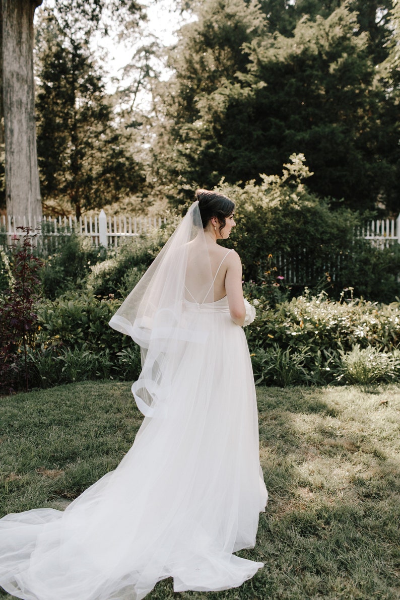 fingertip veil with horsehair trim wedding veil with 2 horsehair trim fingertip wedding veil bridal veil crinoline trim 2 tier veil image 2