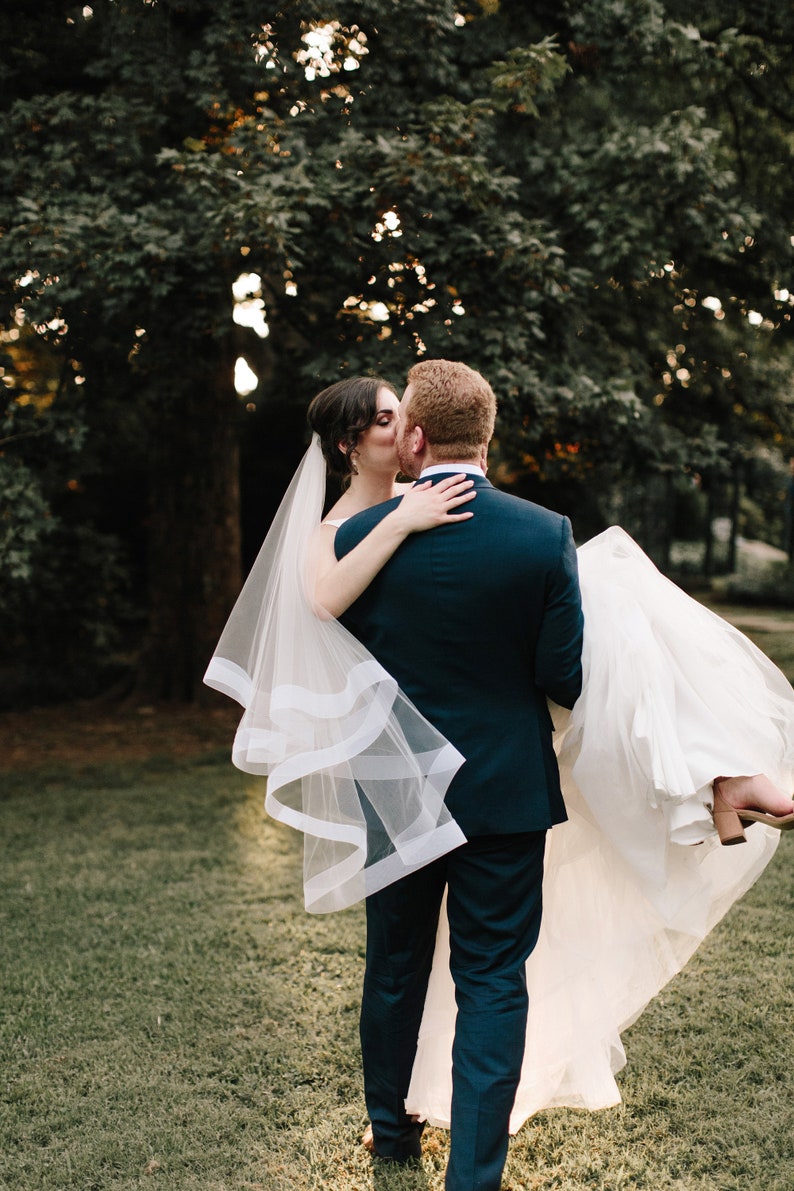 Horsehair veil wedding veil with horsehair trim 2 tier veil fingertip length blusher veil with 2 horsehair trim image 4