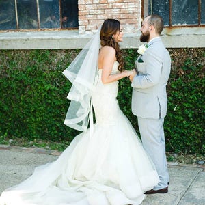 Bridal Veil, Wedding Veil with Comb, Fingertip Ivory, Black Veil Blusher, Two Tier Veil with 2&quot; Horsehair Trim