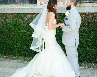 Bridal Veil, Wedding Veil with Comb, Fingertip Ivory, Black Veil Blusher, Two Tier Veil with 2" Horsehair Trim