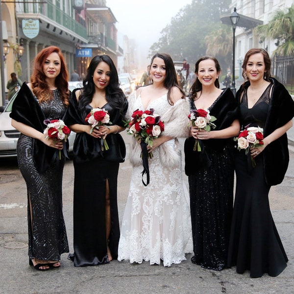 Black Faux furs Set of 4 Bridesmaids Gifts Faux Fur Shawls Long Stoles Bridal Wrap Wedding Faux Furs Fall /Winter  Wedding
